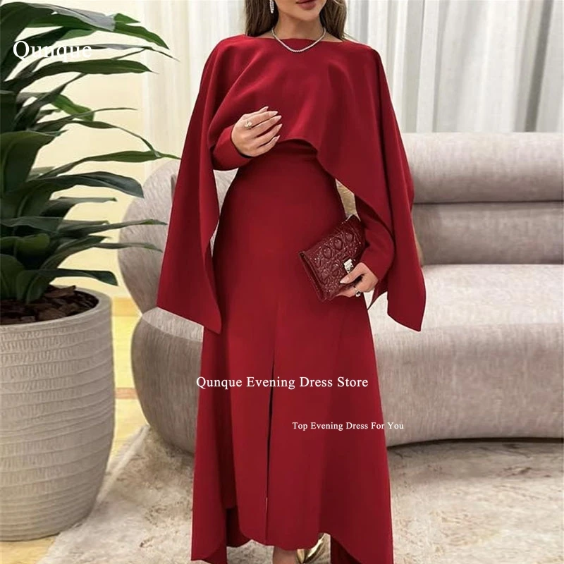 

Qunque A-line Arabia Prom Dresses High Neck Cap Sleeves Satin Evening Party Gown Dubai Split Customized Special Occasion Dress