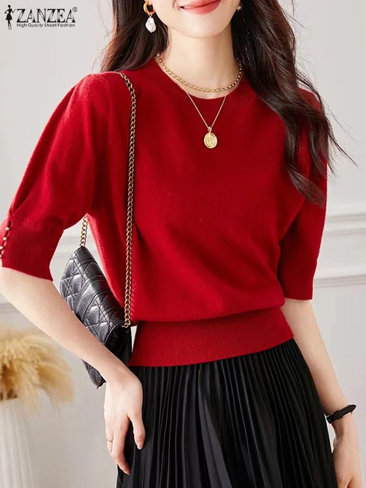 ZANZEA 2024 Fashion Women Blusa Elegant O Neck Knitted Solid Color Blouses Office Lady Puff Sleeve Elastic Waist Casual T-Shirts