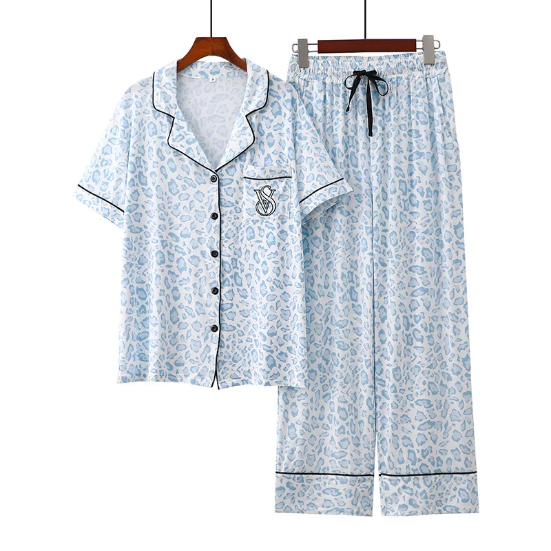 صيف جديد إمرأة لينة مشروط منامة 2 قطع قصيرة الأكمام فستان أطفال مع سروال داخلي مثير السيدات ليوبارد الطباعة ملابس خاصة فضفاضة المنزل منامة