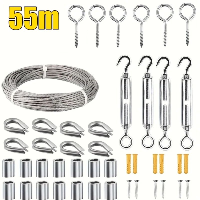 1Pc, with Accessories, 2.0mm Rubber-Coated Steel Wire Rope, 15/25/30/55m Stainless Steel Wire Rope Set, Pvc Coating - Durable 304 Grade, Suitable for Storage and Organization, Clothesline, Clothesline