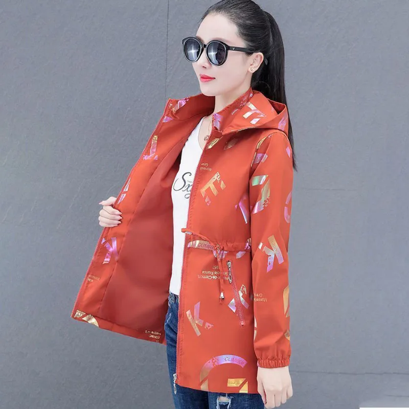 Authentic Casual Windbreaker Jacket Women's Overcoat New Spring Autumn Long Fashion Slim Lace-Up Printed Hooded Coat Tops