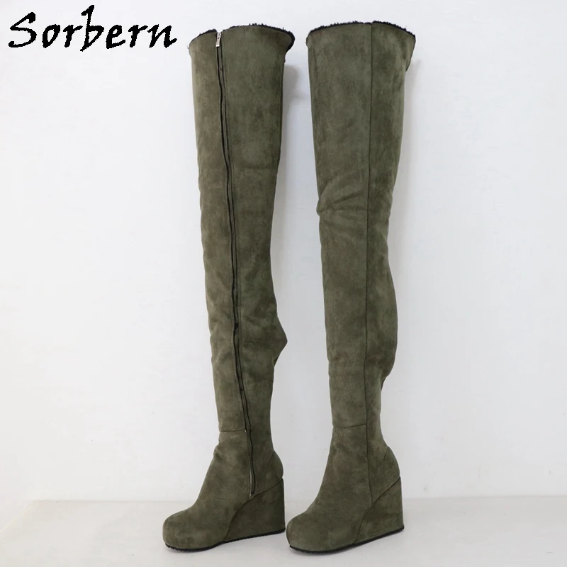 

Sorbern Army Green 97Cm Boots Women Super Long Fetish Wedge Heels Boot Platform Full Zipper Up Thick Plush For Winter