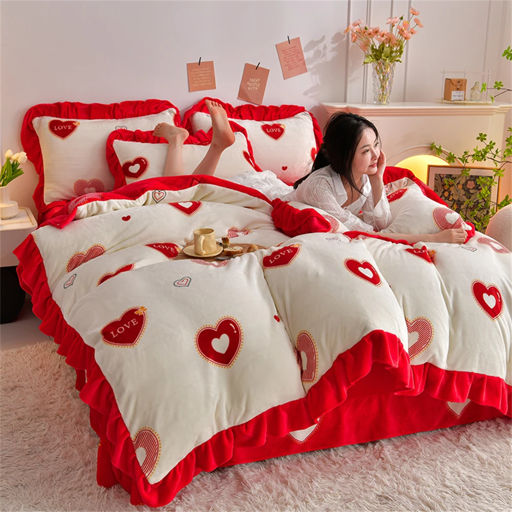 Winter Milk Velvet Four-Piece Set Warm Thicken Quilt Cover Lace Pillowcase Bed Sheet Soft Double-Sided Coral Fleece Bedding Set