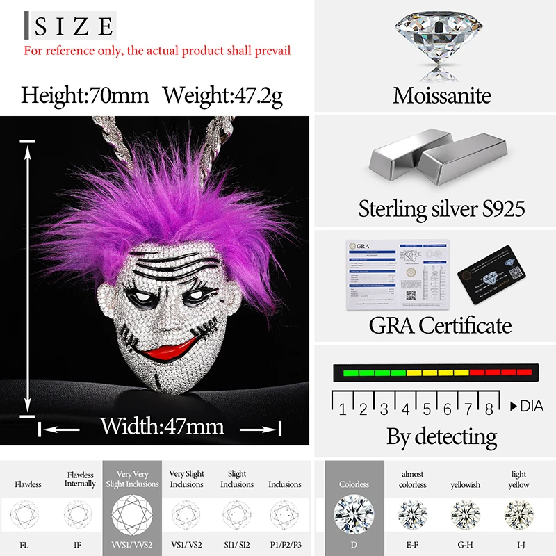 Iced Out Moissanite Evil Smile Clown Custom Pendant Necklace Men 925 Sterling Silver Original Certified Hiphop Punk Jewelry Gift