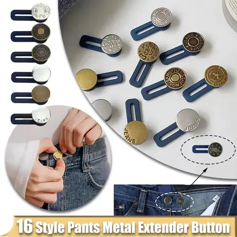 Extensor de botão de metal para calças, 16 estilos, perfeito para qualquer calça jeans, costura gratuita, extensores de cintura retrátil, fivela universal