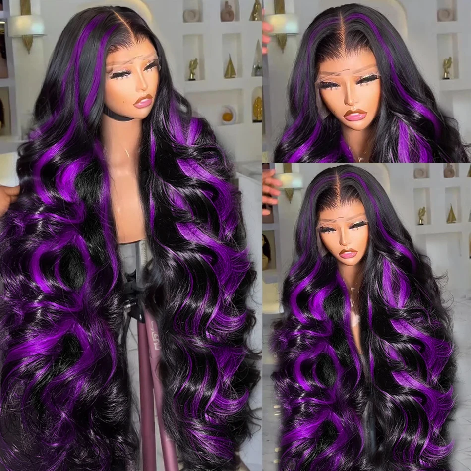 30 32 Inch Dark Purple Highlight Body Wave 13x6 HD Transparent Lace Front Human Hair Wigs Ombre Purple 13x4 Lace Front Wigs 250%