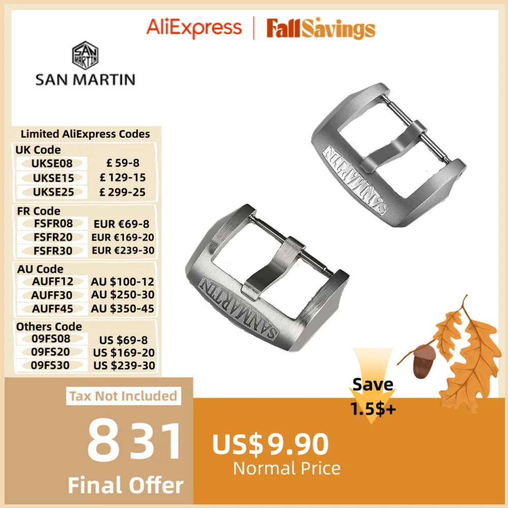 San Martin Pin Buckle 18mm 20mm 22mm Men Watchband Strap Brushed Sandblasted 316L Stainless Steel Universal Watch Accessories