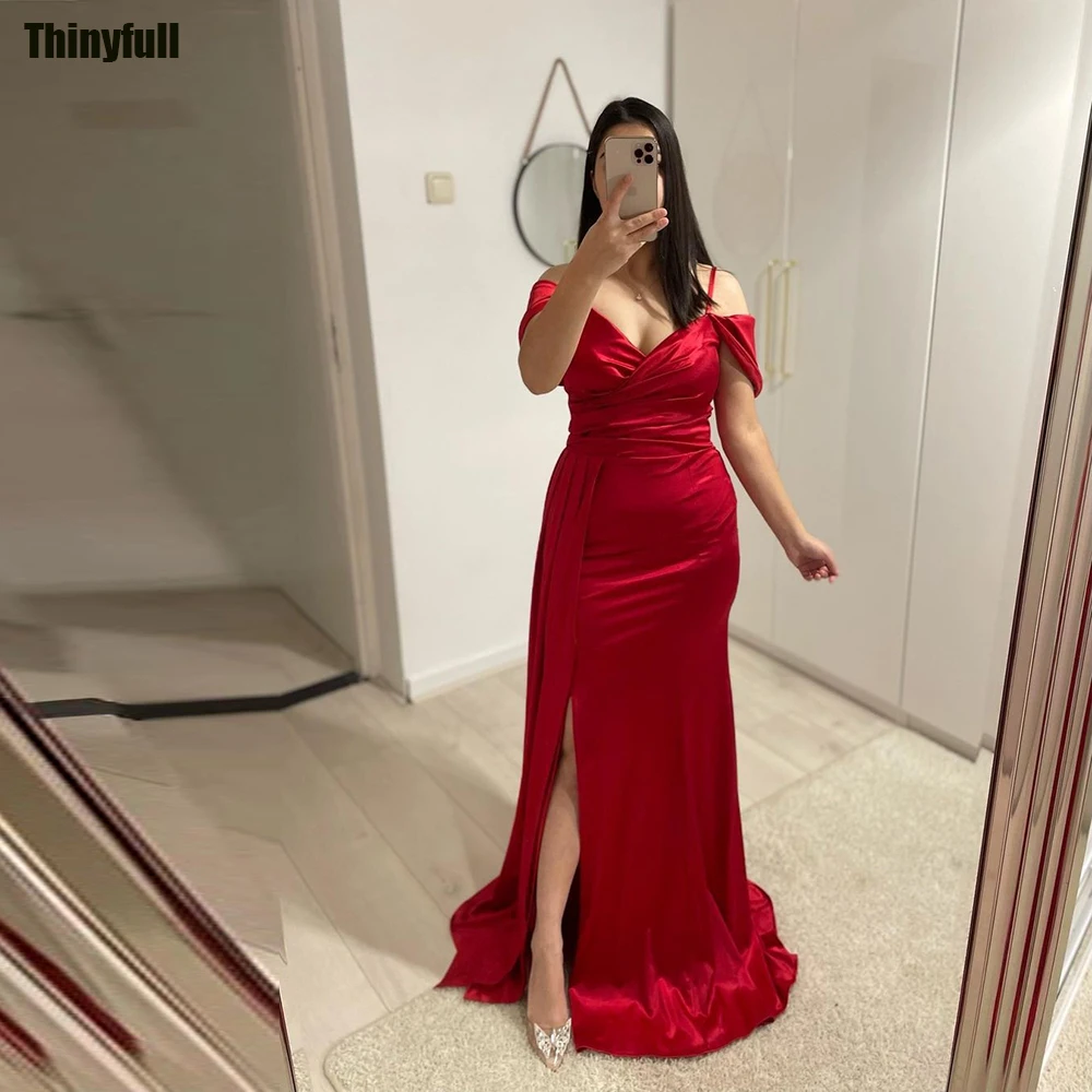 

Thinyfull Mermaid Prom Dresses Off Shoulder V-neck Satin Evening Party Gown Saudi Arabia Elegant Split Formal Occasion Dress