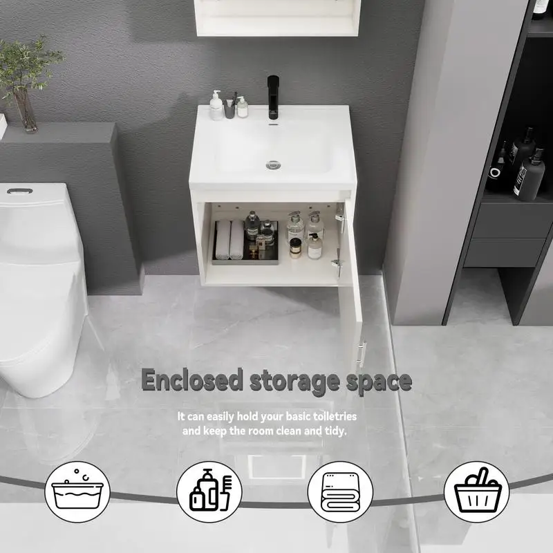 مجموعة حوض حمام مقاس 20 بوصة مع مجموعة حوض سيراميك وباب خزانة مغلق ناعم، تصميم عائم مثبت على الحائط، وصرف منبثق ومصيدة على شكل حرف P