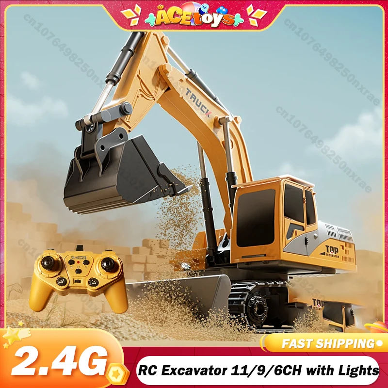 

RC Excavator 11/9/6CH with Lights Sound Alloy Remote Control Toy Car 2.4G Electric Excavator Engineering Vehicle Children Gift