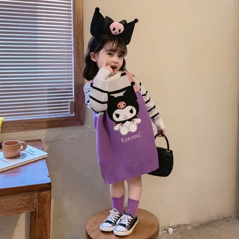 Kawaii Sanrio Kuromi Straight Dresses Cartoon Long Sleeve Spring Autumn Children Medium Long Sweater Long Sleeve Knitting Skirt