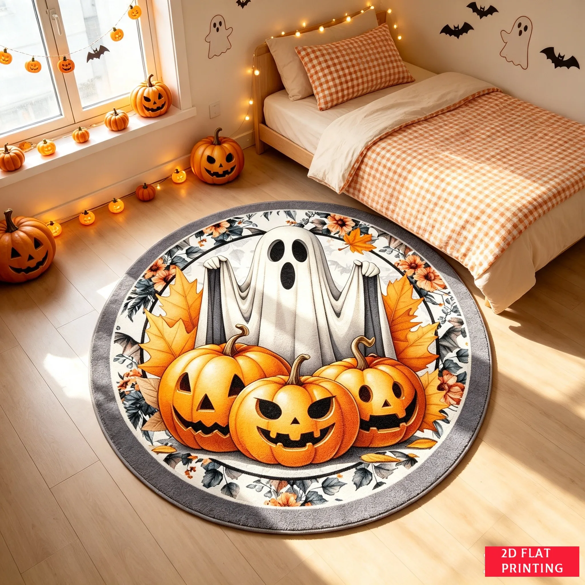 Spooky Ghost With Jack O Lanterns Autumn Leaves Round Carpet For Halloween Party Decoration Creating A Haunted Atmosphere