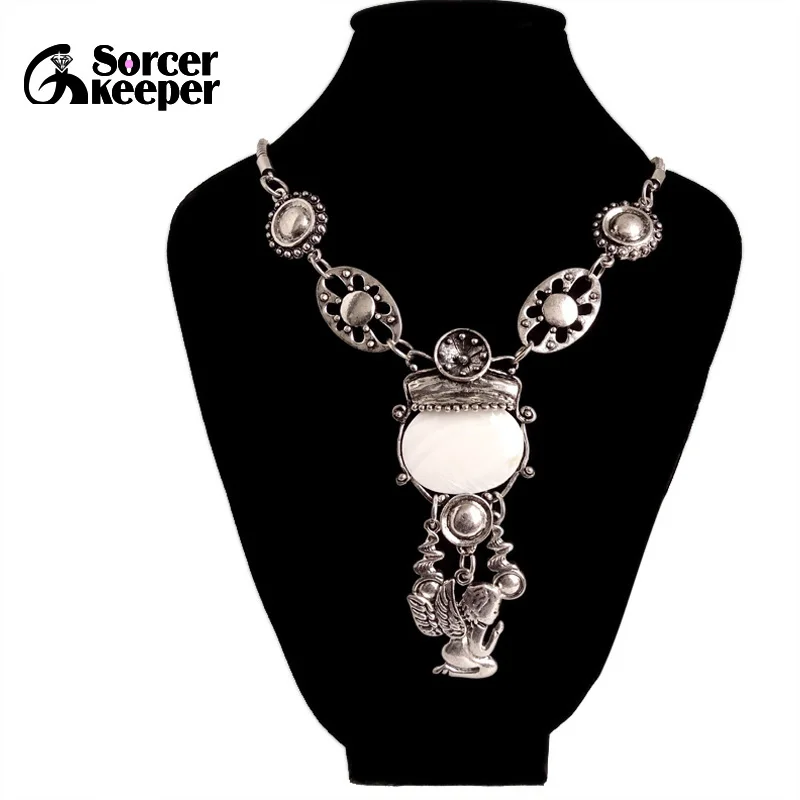 Fashion Nature White Shell Fairy Statement Necklace Antique Jewelry Bohemian Vintage SilverColor Jewelry For Women XL006