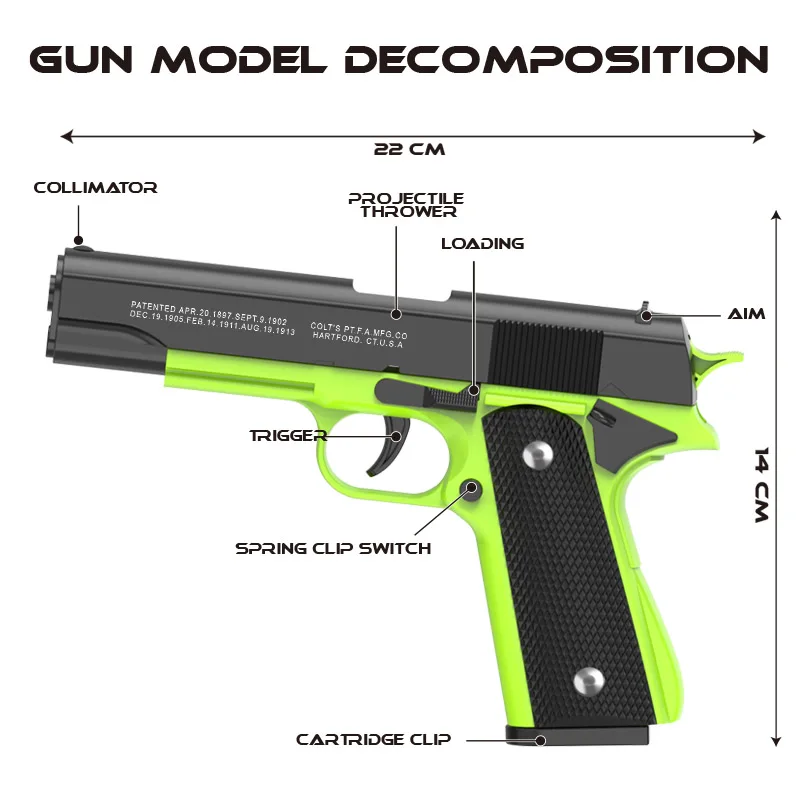 Pistolet à air comprimé à éjection automatique pour enfants, Arme de tir CS, Colt 1911, Cadeau d\'anniversaire pour garçon