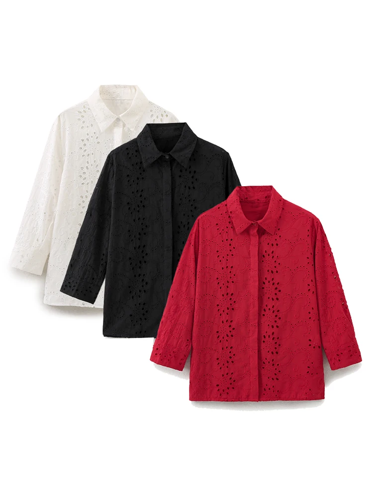 KAOPU ZA Women with side vents embroidered poplin shirt vintage lapel-neck button-up female blouses blusas chic tops