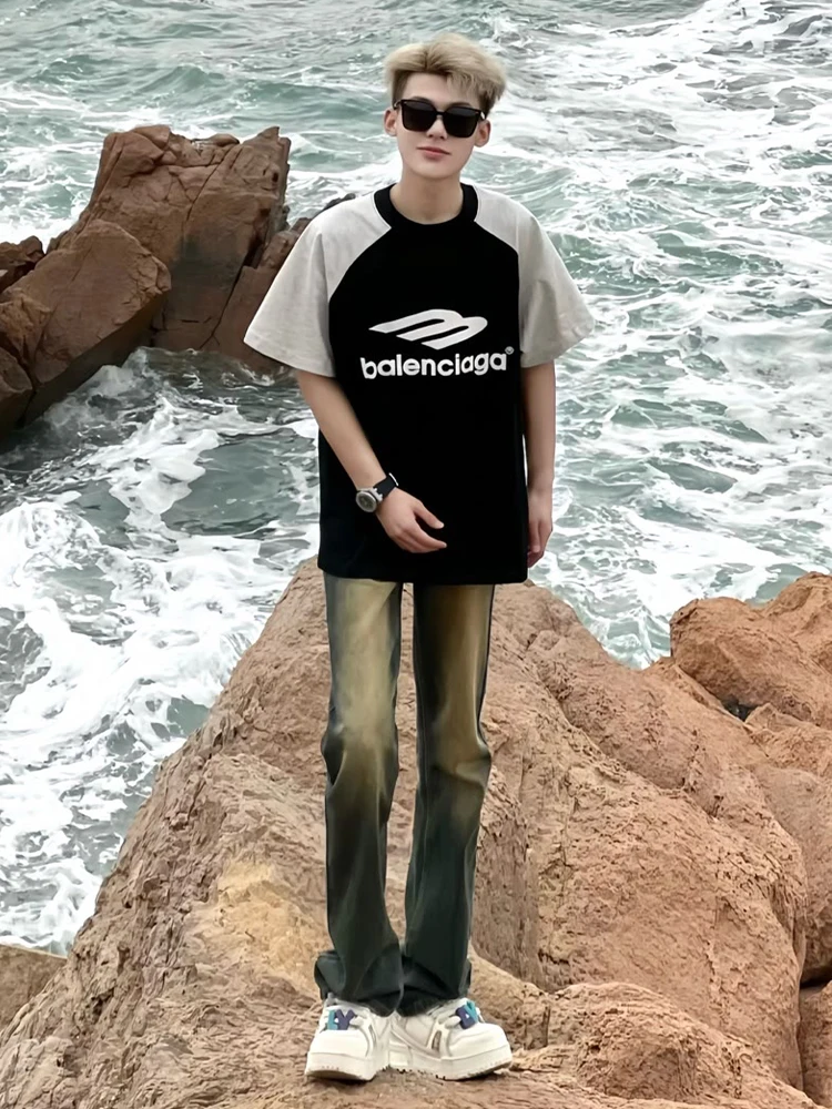 

American High Street Vibe Men's Jeans adient Waed Yellow Mud Slim Fit Straight Leg Micro Flared Pants Summer Thin Jeans