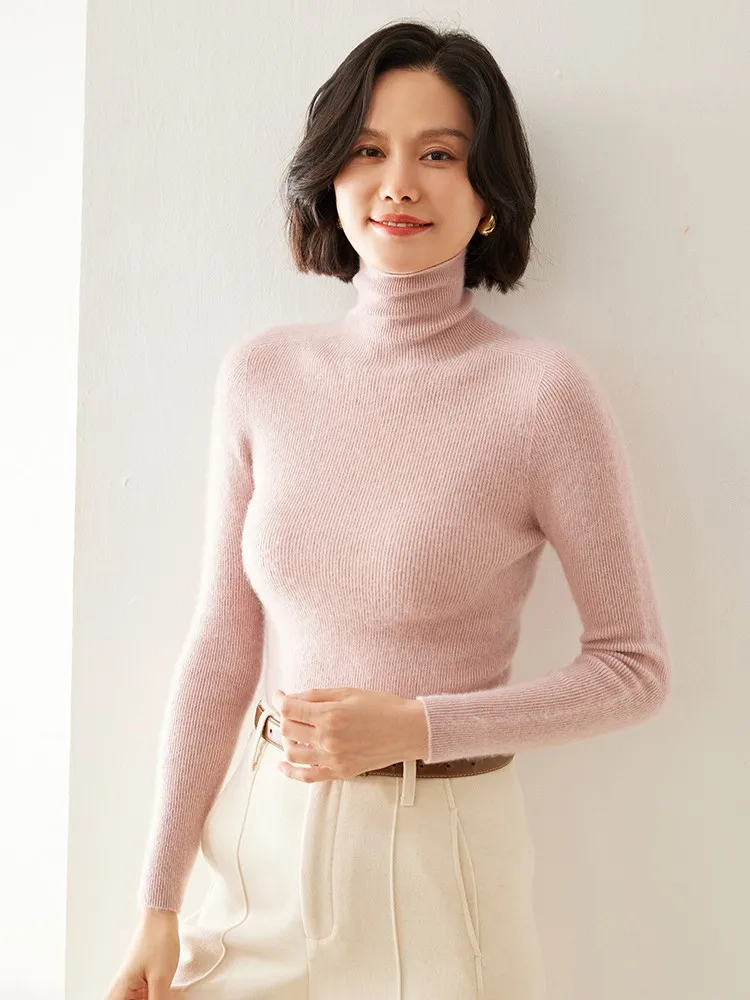 Camisola de caxemira sem costura, gola alta, fina, com cordão, cor sólida, manga comprida, camisa de fundo de malha