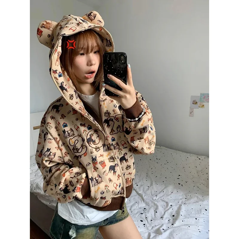 Harajuku Graphic Zip Up Hoodies Women Kawaii Cropped Cute Pattern Hooded Sweatshirts Vintage Y2k Japanese Style Hoodies