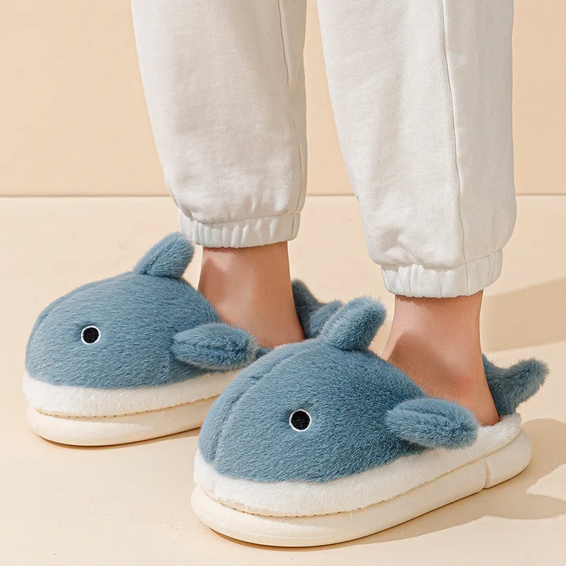 Winter Blue Men’s Shark Slippers Big Size 46 47 Designer House Shoes Unisex Comfy Warmed Plush Slippers For Men Pantuflas Hombre