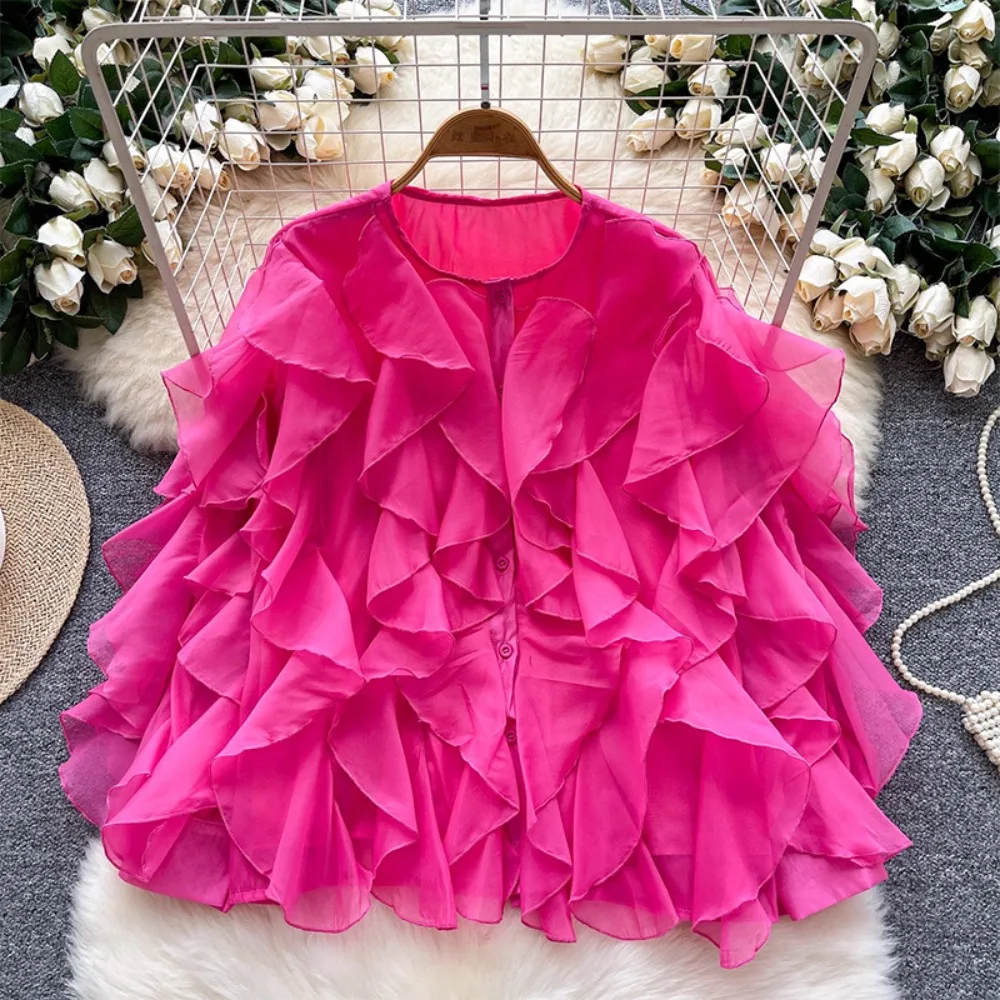 

Женский дизайнерский топ в французском стиле с рюшами и рукавами-фонариками, осенняя коллекция 2025 года