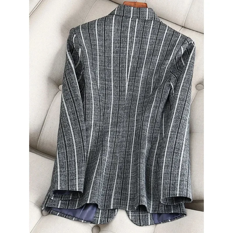 Gray Blue Striped Ladies Slim Formal Blazer Women Female Long Sleeve Single Button Business Work Wear Jacket Coat