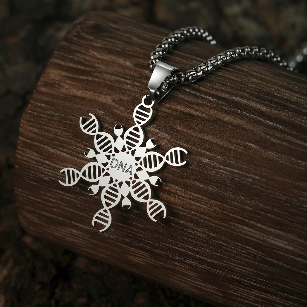 QIAMNI Stainless Steel DNA Helix Molecule Biology Pendant Necklace For Men Women Chemical Choker Science Jewelry Teacher Gift