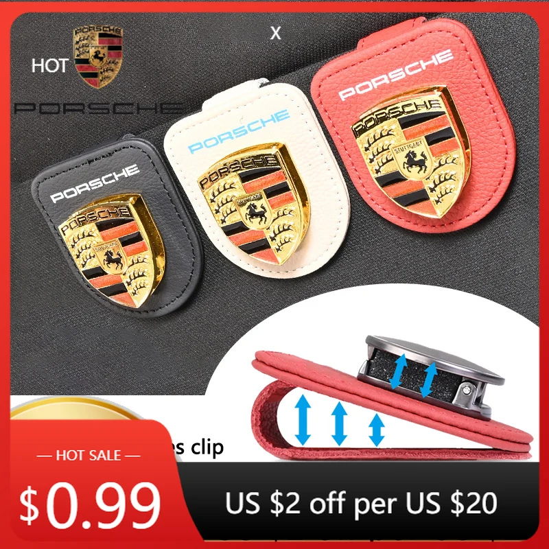 

Car Sticker For Porsche Car Emblems Sunglasses Clip Holder Magnetic Leather Car Sunshade Clip For Porsche 911 Pajun Cayenne Caym