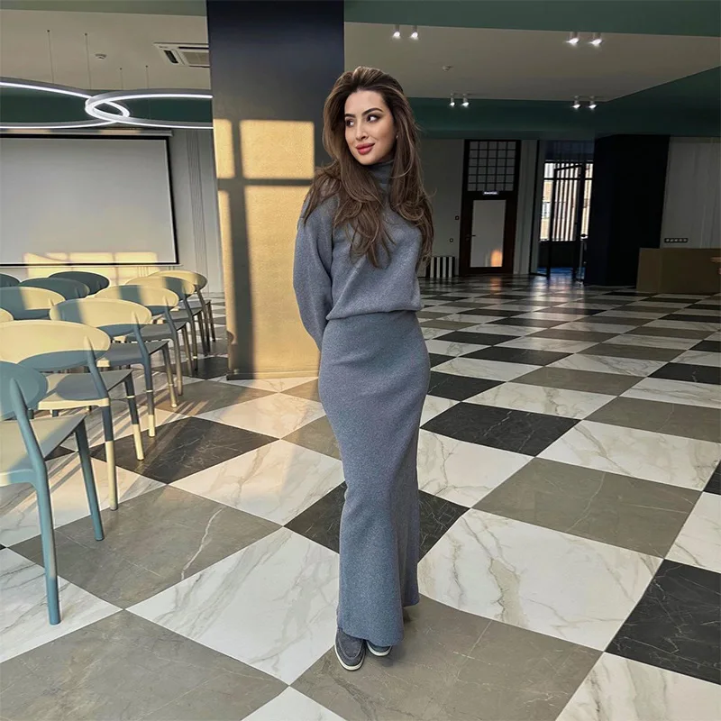 

Осенне-зимняя новая модная водолазка, темпераментная однотонная повседневная длинная юбка на бедрах, женский комплект