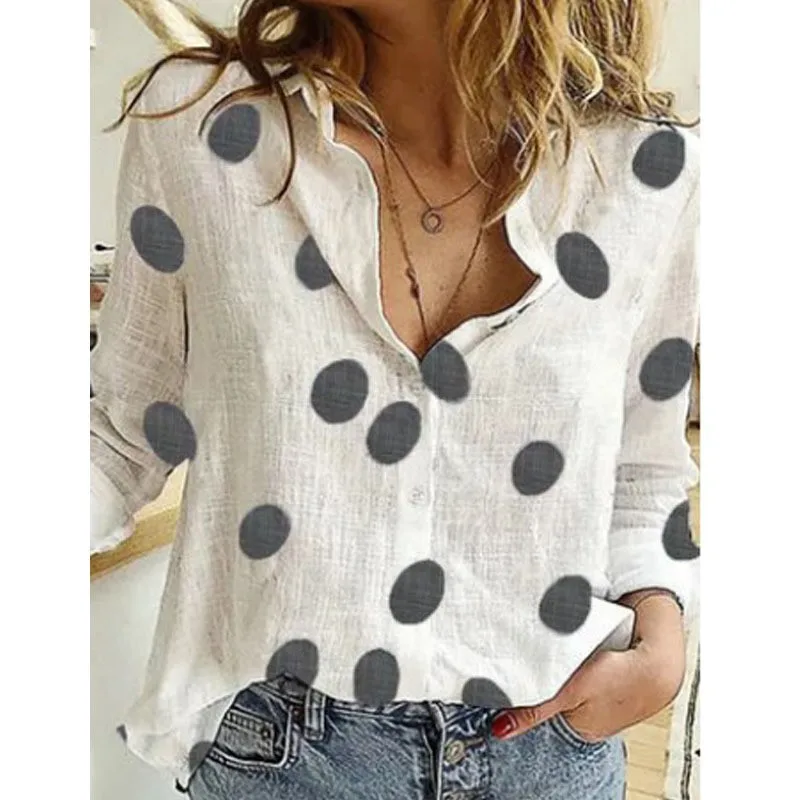 

Spring Autumn Women's Clothing Casual Polka Dot Long Sleeve Linen Cotton Blend Shirt For Woman Loose Fit Button Up Blouse