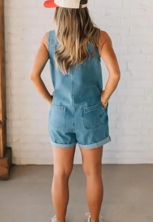 

Summer New Solid Color V-Neck Loose Straight Leg Denim Jumpsuit for Women, Casual Trend, Personalized Sleeveless Jumpsuit