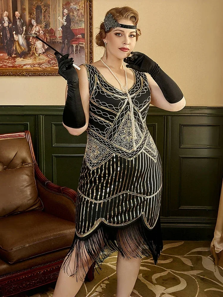 Women Party Dress 1920s Great Gatsby Flapper Dress V Neck Sleeveless Embellished Sequin Beaded Fringe Dress Vestidos