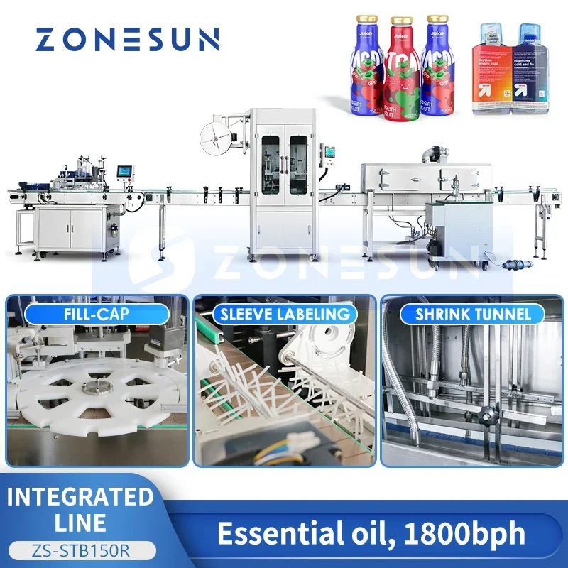 ZONESUN Automatic 4-in-1 Filling Capping Inner Cap Pressing Bottle Filling Line Shrink Sleeve Packaging Machine ZS-STB150R