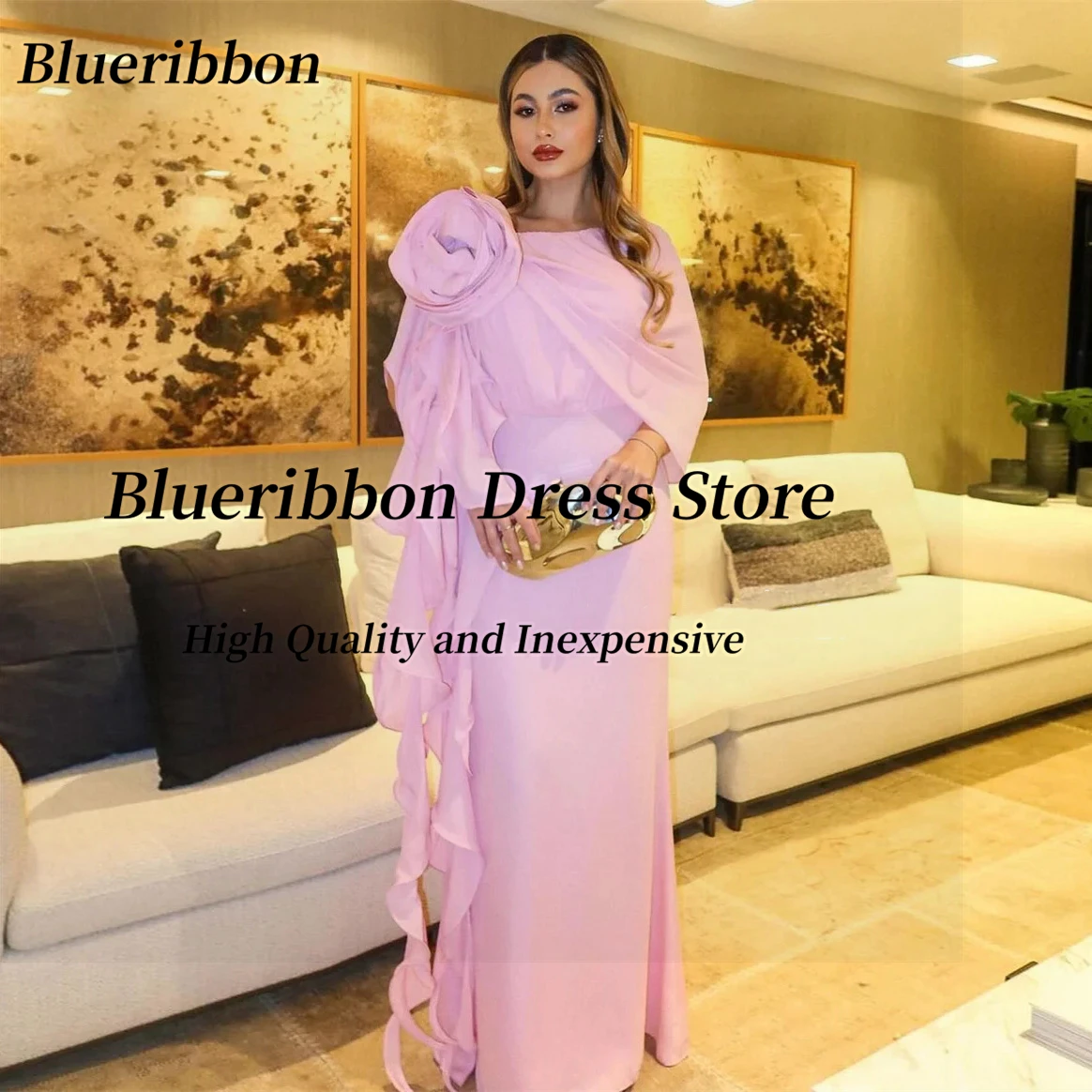 

Blueribbon Vestidos De Festa Вечерние платья с длинными рукавами и цветочными оборками, шали, платье для выпускного вечера длиной до пола, специальные вечерние платья