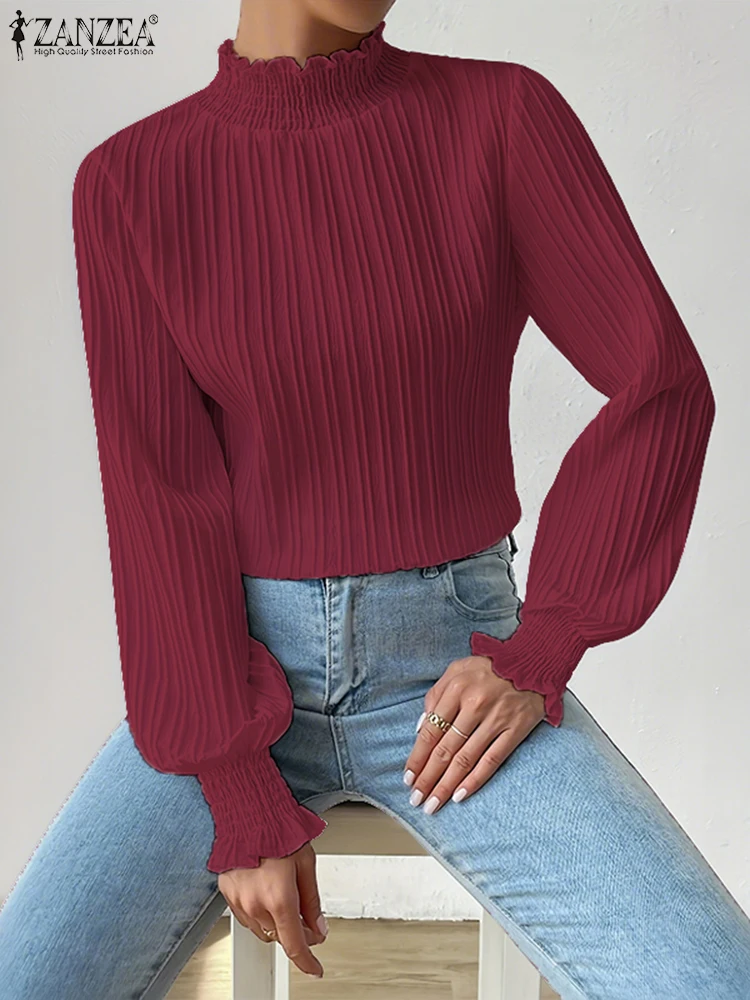 ZANZEA Vrouwen Stijlvolle Gesmokte Coltrui Blouses 2025, Herfst Mode Lange Lantaarn Mouw Getextureerde Effen Kleur Tops Vrouw Kleding