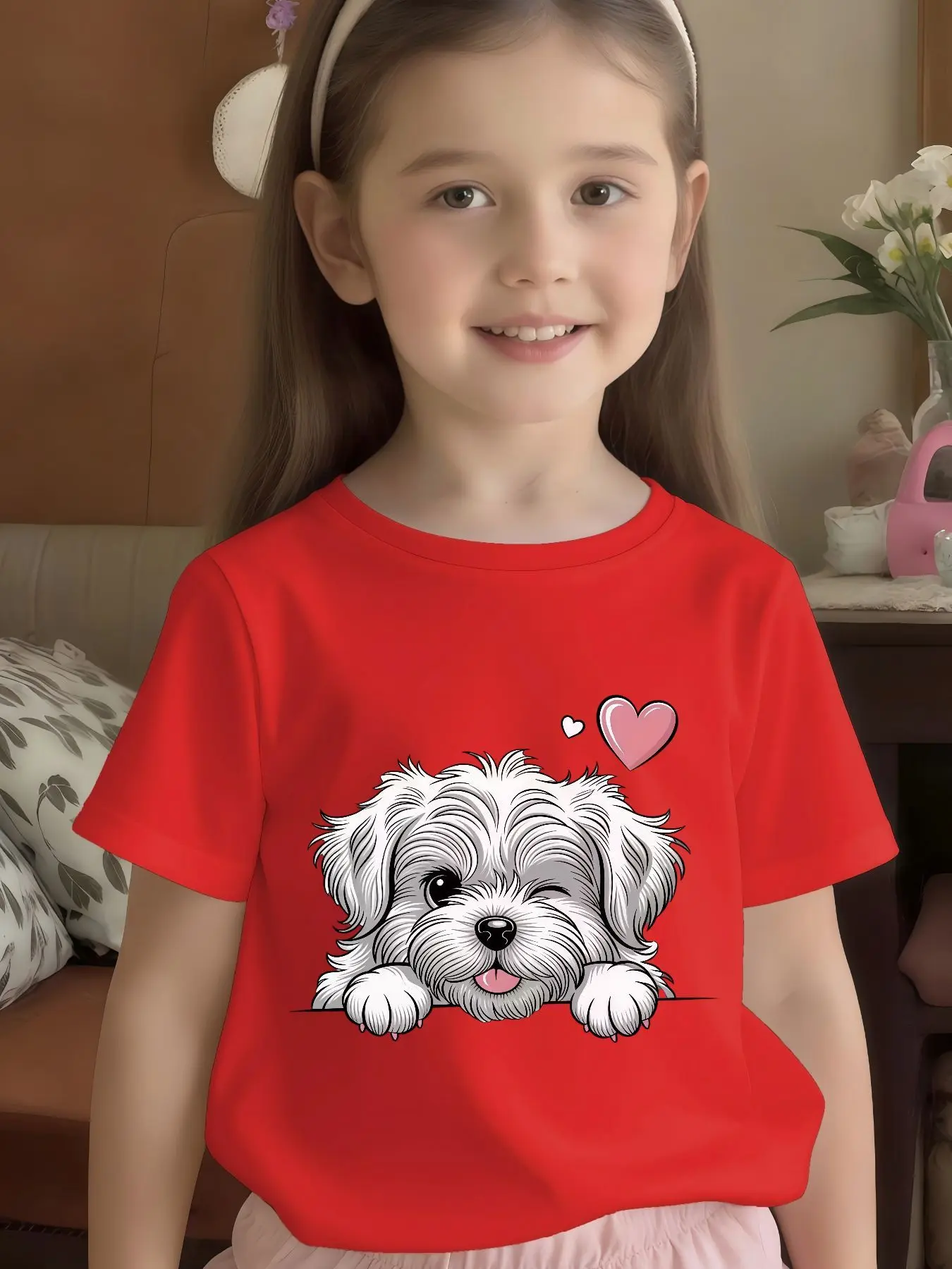 Winking Puppy Pink Heart Cartoon Print Kids T Shirt Boys Girls Family Match Cotton Short Sleeve Summer Daily Casual Clothes