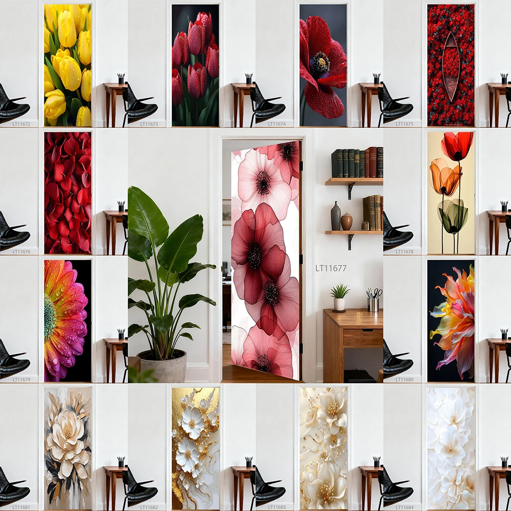 

Floral Door Sticker, Self-Adhesive & Peel and Stick, Removable Watercolor Tulip Art Mural for Bedroom & Home Decor