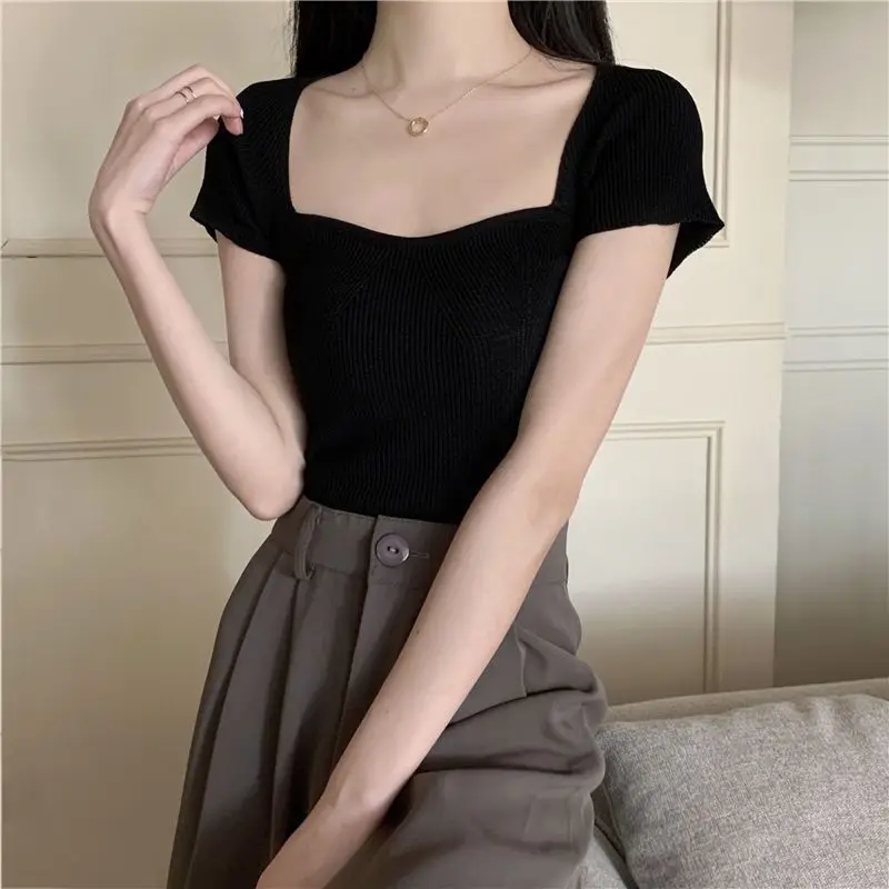 T-shirt a maniche corte donna Vintage Gentle Square Collar Cropped Tops Summer Slim Young Fashion Sexy All-match maglieria elegante