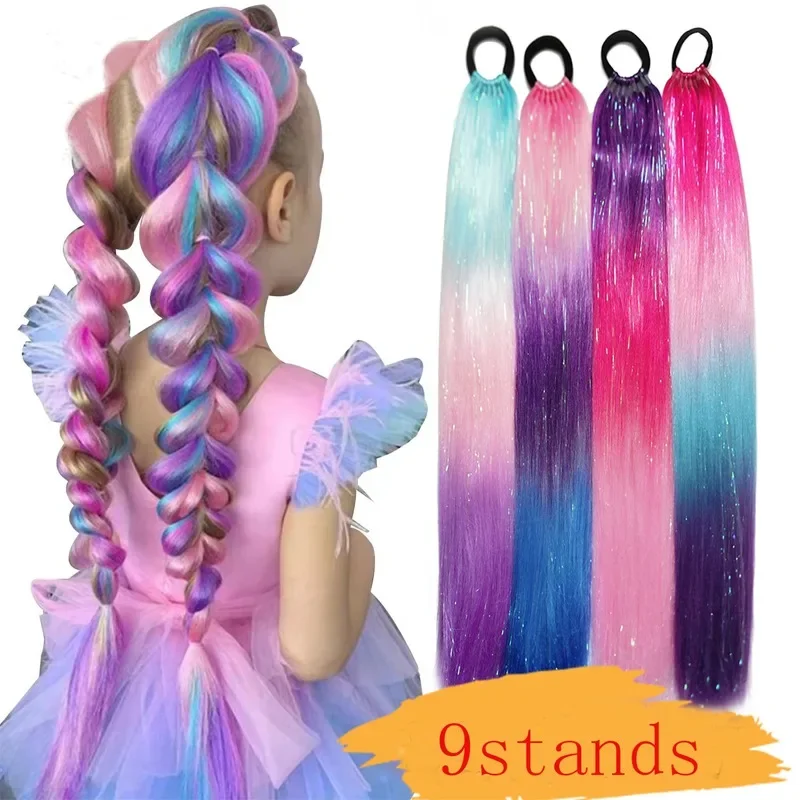 

Sparkle Glitter Rainbow Colored Synthetic Ponytail 26inch DIY Styling Glitter Ponytail Mixed Tinsel 9stands