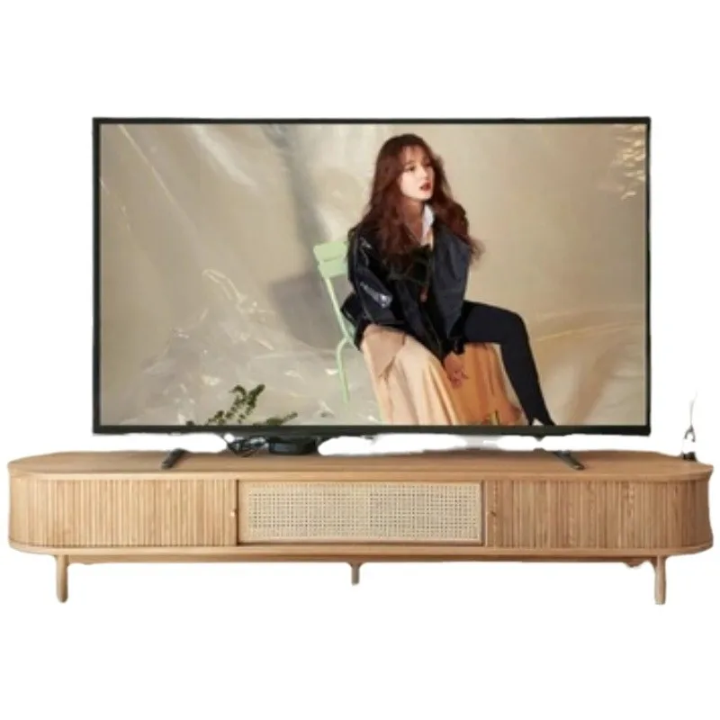 

Household living room small apartment TV cabinet ground cabinet rattan solid wood full set of coffee