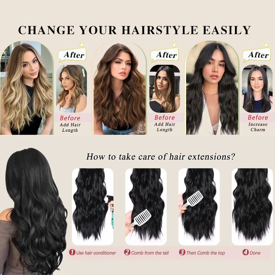 وصلات شعر صناعية مموجة بنية 22 بوصة مع 4 قطع مشابك سميكة مجعدة للنساء مثالية للارتداء اليومي مناسبة خاصة