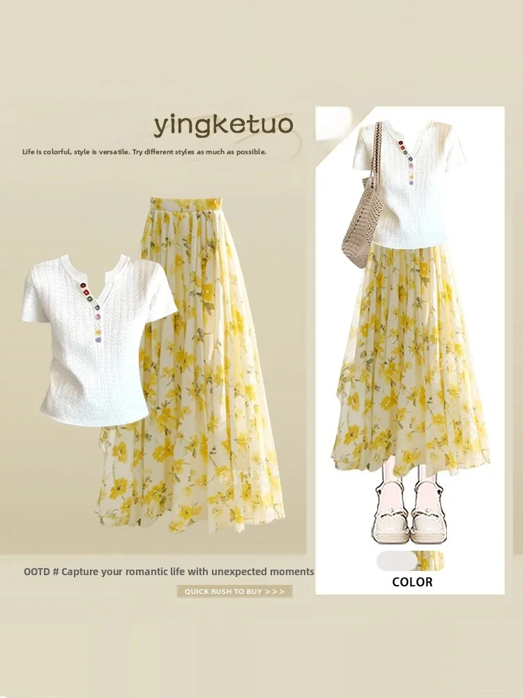 

Summer Floral Slimming Half Skirt Set Women's Sweet Atmosphere One Set Layered Short Sleeve Top Two Piece Set Beach Style