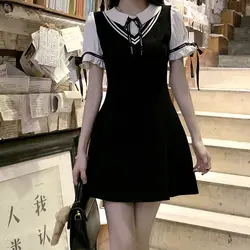 Women's Summer Preppy Style Sweet Drawstring Letter Bow Polo Collar Patchwork Fake Two Pieces Short Sleeve Slim A-line Dresses