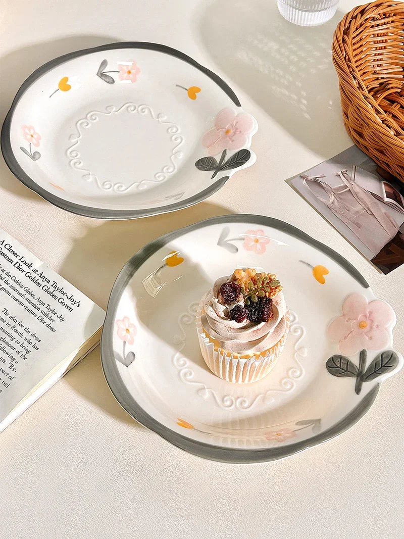 French Embossed Dessert Plates Household Printed Ceramics Bread Plate Exquisite Underglaze Color Multi Functional Tablewares