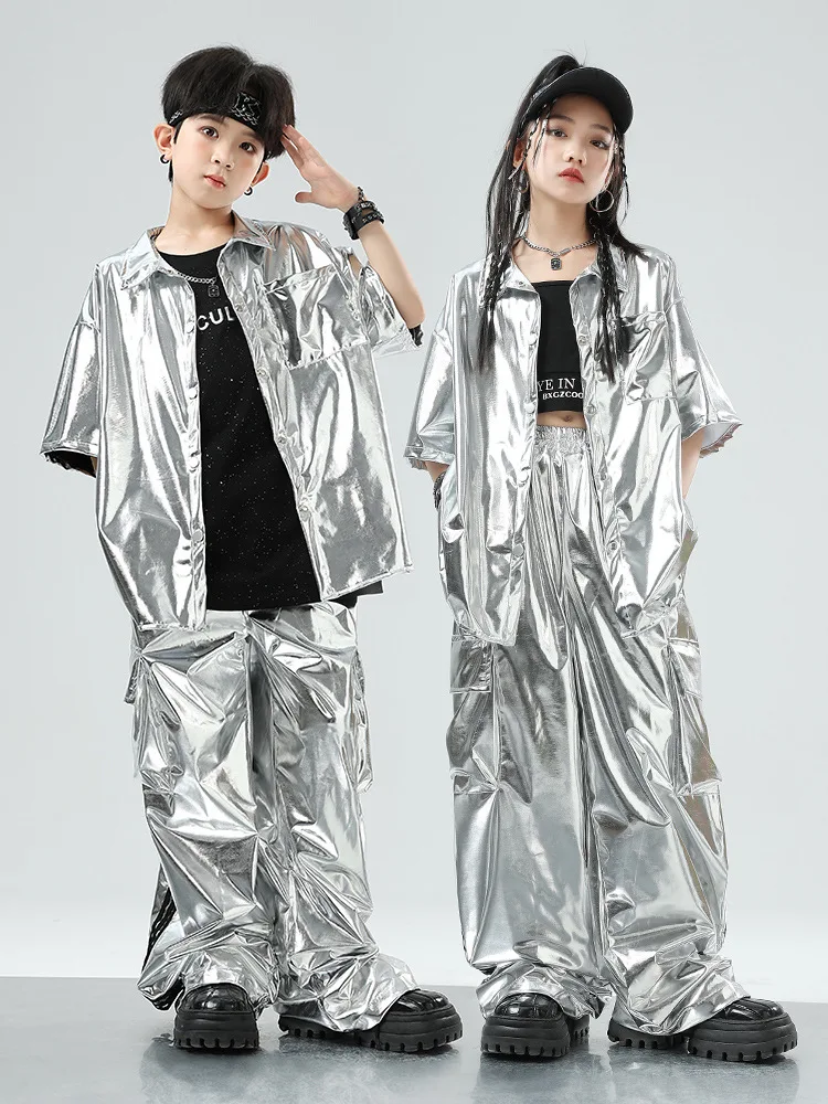 Jungen Hip Hop Silber Jacke Street Dance Cargo Hosen Mädchen Pailletten Coole Streetwear Kinder Jazz Kleidung Sets Kinder Glänzende Kostüme