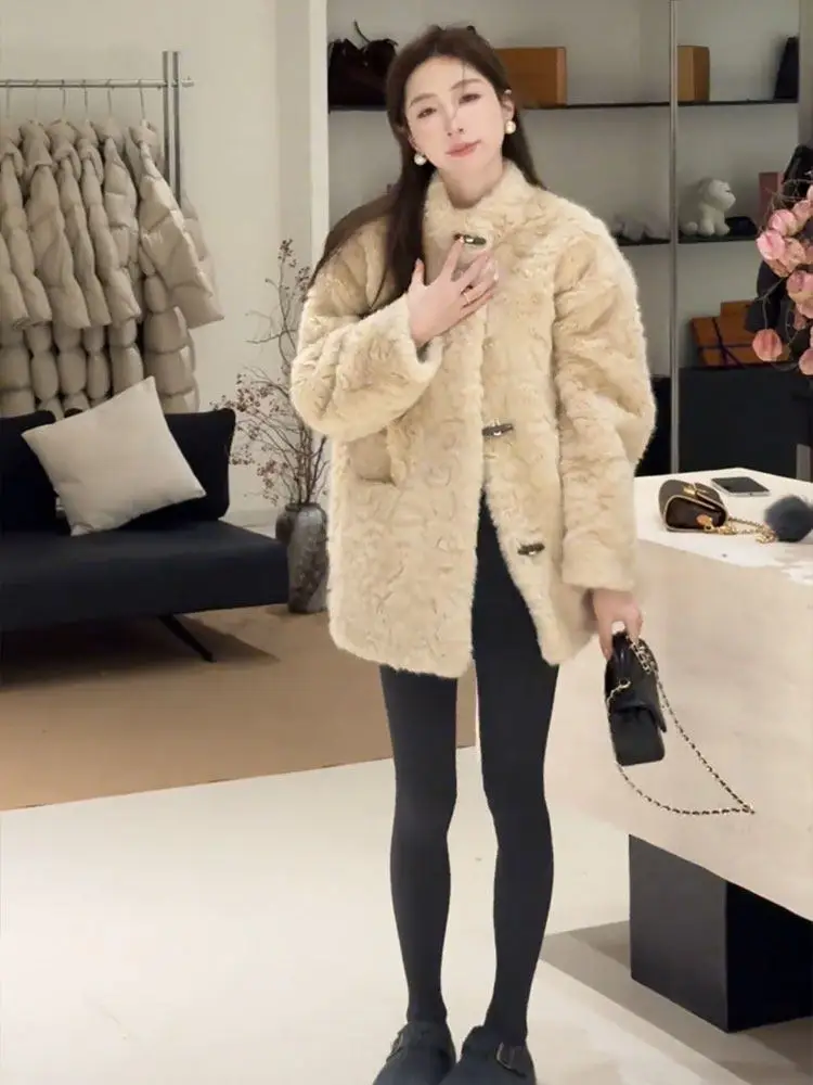 Korean Style Stand Collar Mid-Length Faux Mink Fur Jacket Women's Winter Thickened Long Sleeve Coat with Horn Buttons