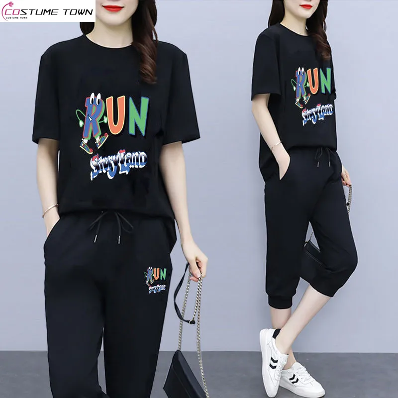 

Single piece/set slim summer Korean casual sports women's 2024 loose cropped pants+short sleeved two-piece set