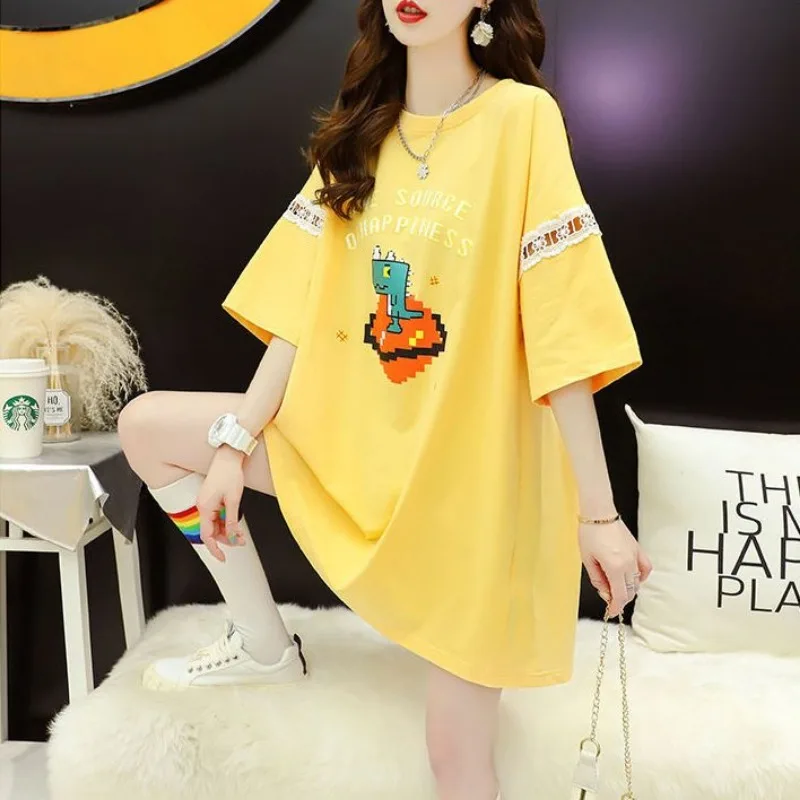 Baju Wanita lengan pendek, Kaus versi Korea longgar Medium panjang, lengan pendek, desain jalan musim panas, baju wanita