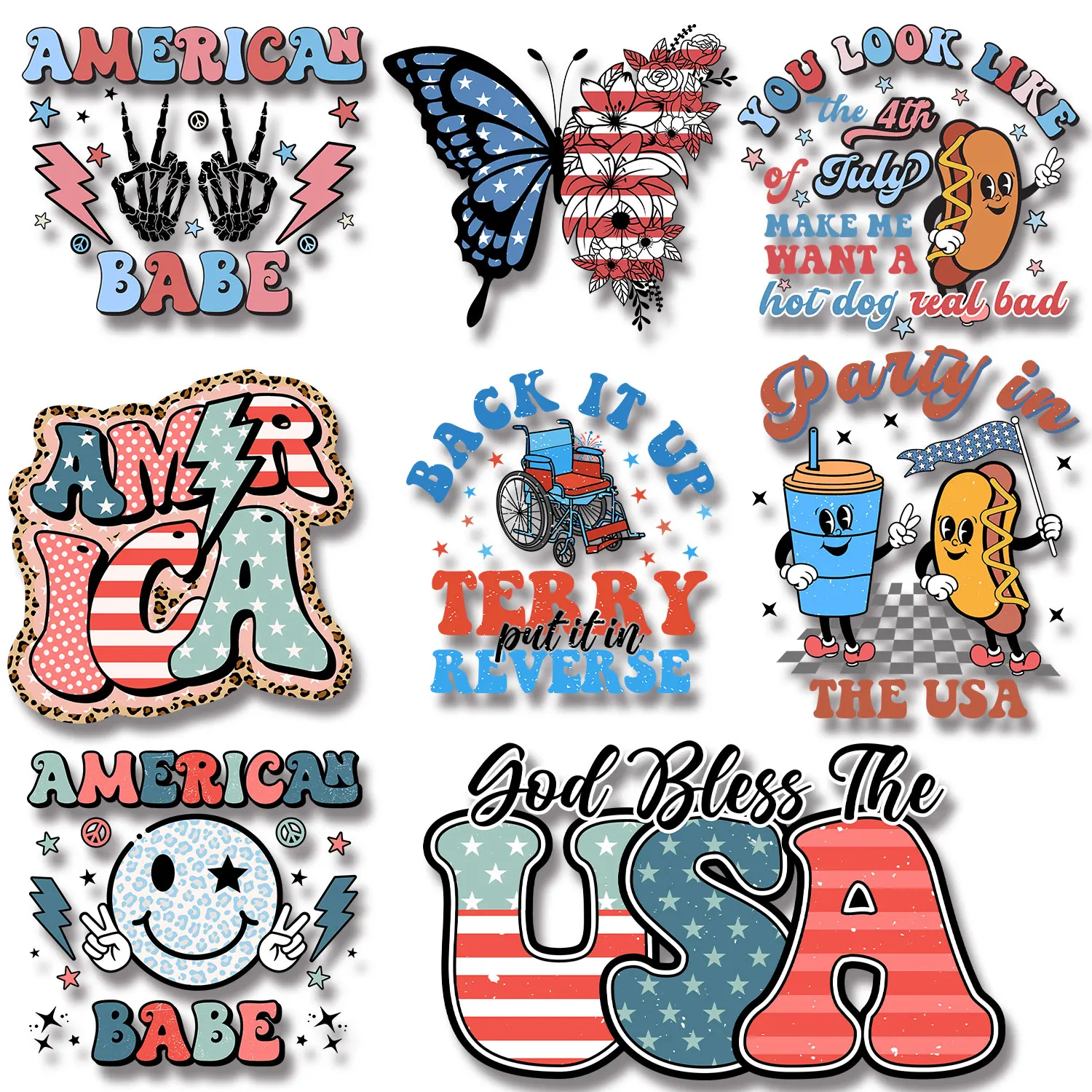 American Babe Mama Land of the Free because of the Brave Hot Dog Butterfly Freedom Rock Vintage Iron on Picture on Clothes