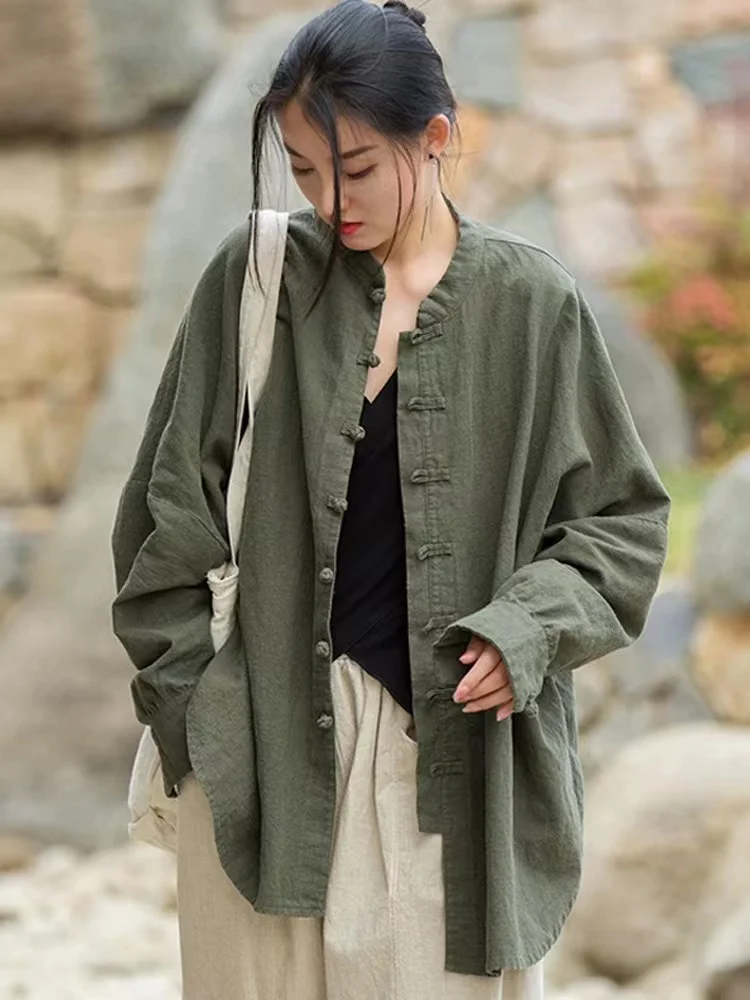 

Китайское хлопковое льняное пальто в стиле ретро, женская весенняя верхняя одежда, свободный повседневный костюм дзен-чай, открытый кардиган, дизайн на верхних пуговицах
