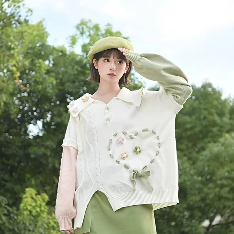 Sweet Flowers Woman Sweaters Japanese Style Kawaii Bows Girls Pulllovers Autumn Winter Cute Elegant Pull Femme